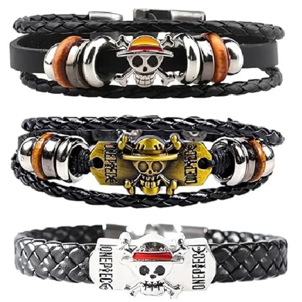 One Piece Anime Monkey D Luffy Straw Pirates Leather Metal Bracelets 3pcs NEW